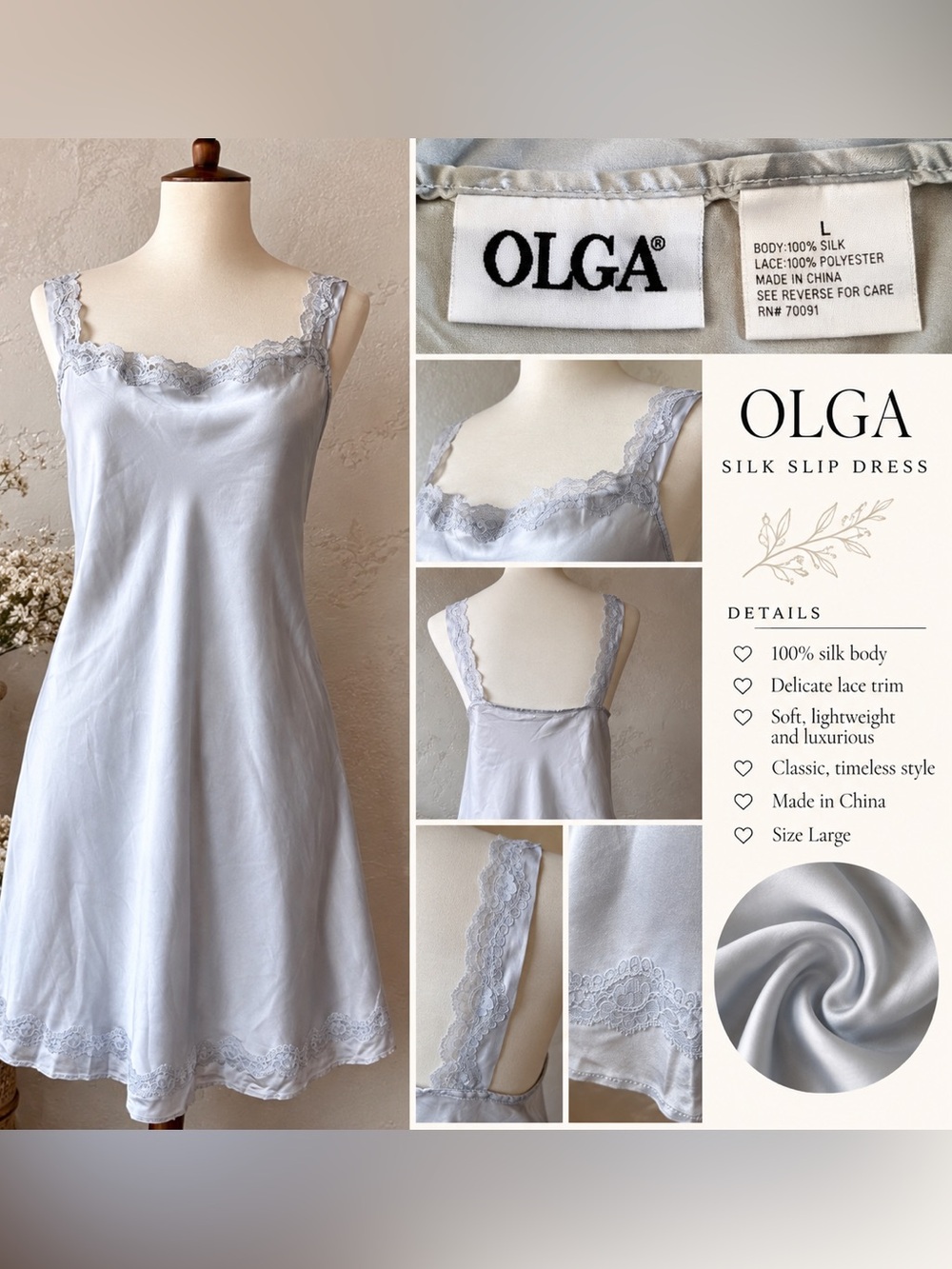 OLGA 100% Silk Lace Trim Slip Dress Size L | Luxury Lingerie